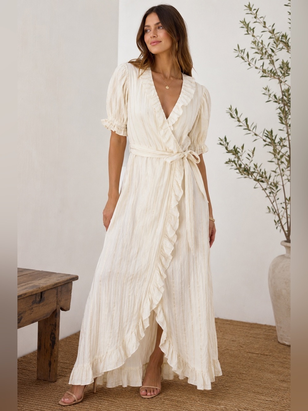 Kate Leigh Railroad Wrap Maxi Dress Cream Gold Stripe Ruffle Cotton USA S